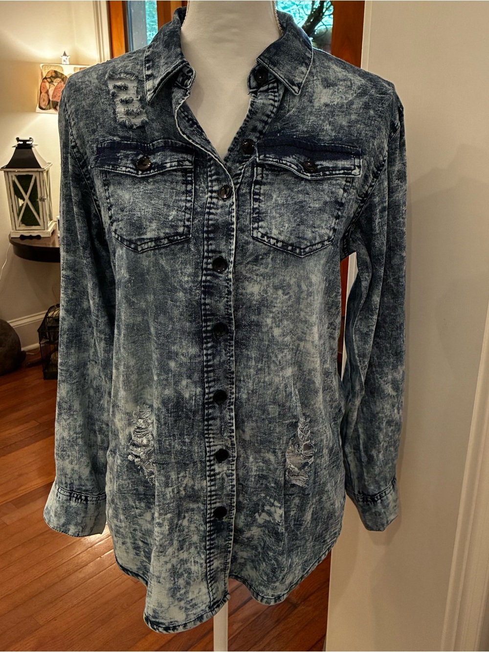 Thrill Acid Wash Denim Look Button Down Shirt Distressed